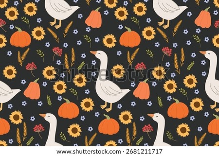 Geese seamless pattern with pumpkins, sunflowers and berries. Vector illustration for kids textile, tablecloth, wrapping, banners, wallpapers print design