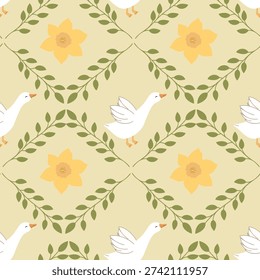 Geese seamless pattern with romb leaves pattern. Vector cute cartoon hand-drawn illustration. for textile, baby clothes, wallpaper, scrubbing. White Goose with narcissus flowers.