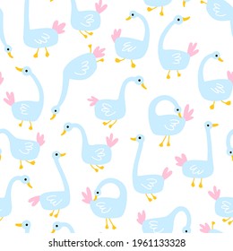 Geese seamless pattern. White Geese in different poses. Cute vector illustration in simple hand drawn cartoon style. Simple childish cartoon style perfect for textiles, baby shower fabrics