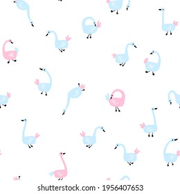 Geese seamless pattern. White Goose in different poses. Cute vector illustration in simple hand drawn cartoon style. Simple childish cartoon style perfect for textiles, baby shower fabrics