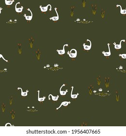 Geese seamless pattern. White Goose in different poses on the pond. Cute vector illustration in simple hand drawn cartoon style. Simple childish cartoon style perfect for textiles, baby shower fabrics