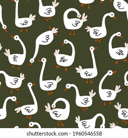 Geese seamless pattern. White Goose in different poses. Cute vector illustration in simple hand drawn cartoon style. Simple childish cartoon style perfect for textiles, baby shower fabrics