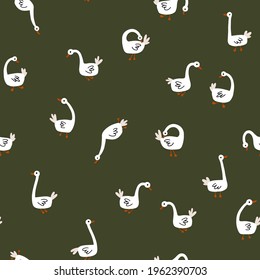 Patrón sin fisuras en Geese. Ganso blanco en diferentes poses. Ilustración vectorial en estilo de caricatura simple dibujado a mano. Estilo de dibujos animados infantiles sencillos perfecto para tejidos textiles, tejidos de ducha para bebés
