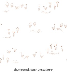 Geese seamless pattern. White Goose in different poses on the pond. Cute vector illustration in simple hand drawn cartoon style. Simple childish cartoon style perfect for textiles, baby shower fabrics