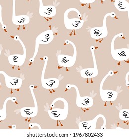 Geese seamless pattern. White Goose in different poses. Cute vector illustration in simple hand drawn cartoon style. Simple childish cartoon style perfect for textiles, baby shower fabrics