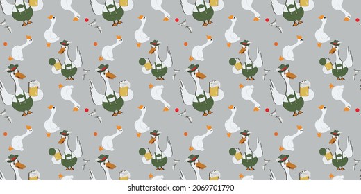 
Patrón sin fisuras en Geese. Ganso blanco vestido con traje nacional alemán con un vaso de cerveza. Cerveza. Huella linda simple. Adecuado para fondos de escritorio, fondos de páginas web, texturas superficiales, textiles.