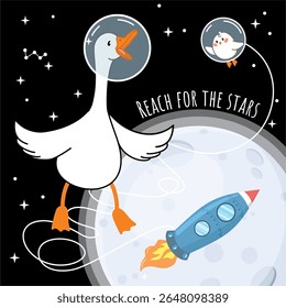 gansos no espaço, abraço, patinho, ganso na lua, espaço, foguete, lua, estrelas, ficção científica, cósmica, astronomia, astronauta, foguete, constelações, capa de livro, desenvolvimento, criança, interessante, uau