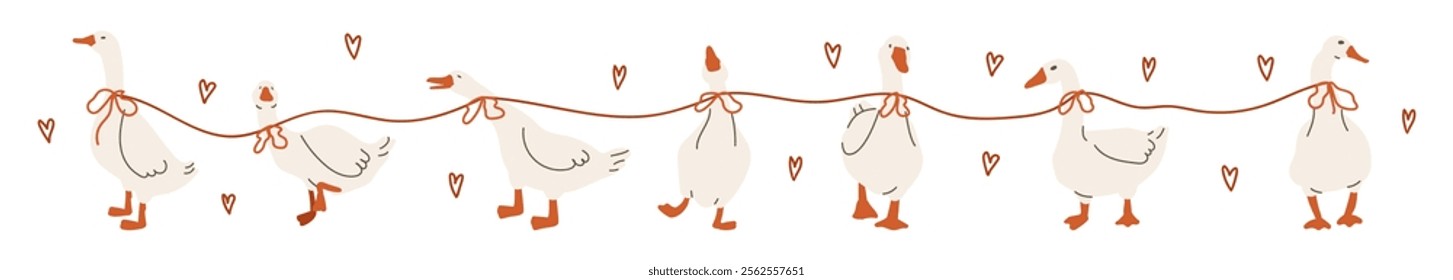 Geese stand in a row tied with one red ribbon. Hearts and bows. Bird yard for the day of love. Flat vector illustration EPS10