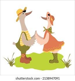 Geese. Vector drawing. Cartoon characters