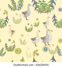 Geese - vector pattern. Seamless background. Dandelions - flowers, leaves and buds. Use printed materials, signs, posters, postcards, packaging.