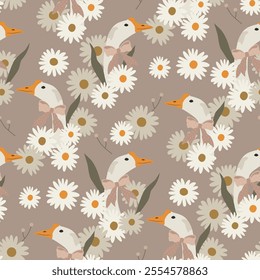 Geese vector wallpaper on beige background. Seamless pattern in Cottagecore style perfect for fabric design, paper, wallpaper, wraping
