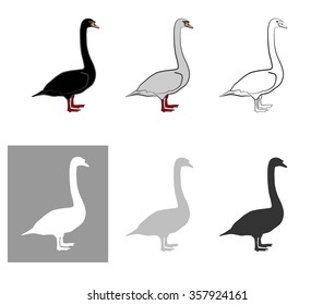 Geese white and black - domestic birds. poultry goose, a set of six pieces. white, black silhouette.