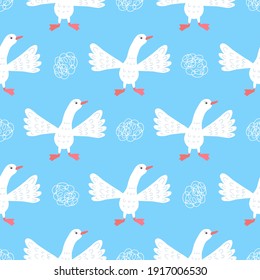 Geese are white on a blue background with clouds. Simple pattern for textile, fabric, background, packaging paper, fabric, material, ceramics, wallpaper, packaging paper.
