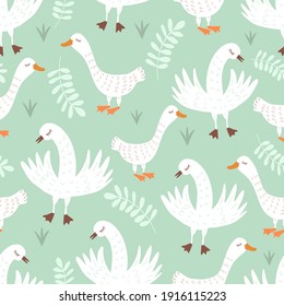 Geese are white on a light background. The pattern is simple with birds and is gentle for textiles, fabrics, backgrounds, packaging paper, wallpaper, ceramics.
