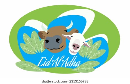 Geeting card of eid Al Adha with cute cartoons sheep and cow. Vector illustration eid Al adha.