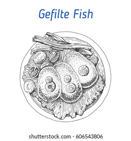 Gefilte fish vector illustration. Hand drawn image. Jewish food