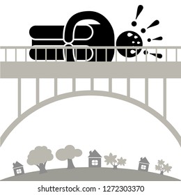 Gefirofobia. Man Is Afraid To Cross The Bridge. Fear Of Heights. Character Fell In A Panic Attack. Logo, Icon, Silhouette, Sticker, Sign. 