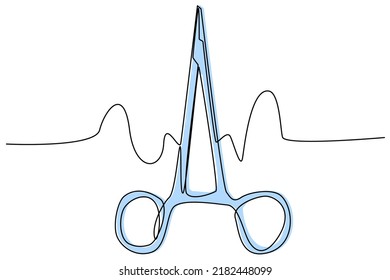 Soporte de la aguja de Geghar, tijeras quirúrgicas médicas, abrazadera hemostática.  Dibujando con una línea continua, una línea sobre un fondo blanco. Para libros de texto sobre medicina, cirugía, primeros auxilios, sitio de suministros médicos