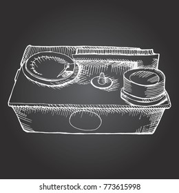 Geiger counter radiation detector meter. Hand drawn vector stock illustration. Chalk board drawing