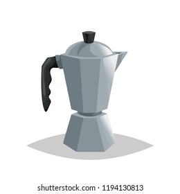 Geiser coffe pot maker. Cartoon style italian coffee maker. Drink ware vector illustration. For coffee shops and reastaurants menu.
