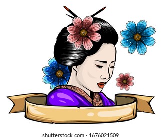 geisha among blooming flowers vector illustration design