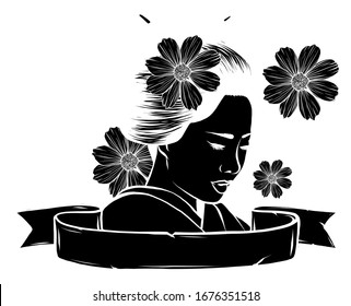 geisha among blooming flowers vector illustration design