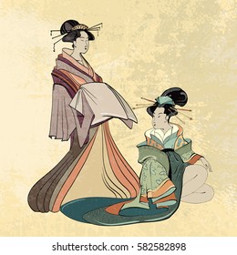 Geisha ancient Japan classical Japanese woman ancient style of drawing. Beautiful japanese geisha girl 