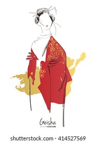 Geisha background. Hand drawn vector sketch