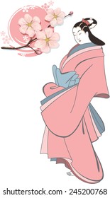 Geisha with Blossom Cherry Flowers