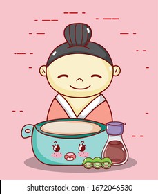 geisha with bowl sake and peas kawaii food japanese cartoon vector illustration sushi and rolls