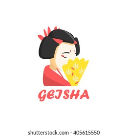 Geisha Estilo De Caricatura Vector Plano Ilustración De Fondo Blanco Con Texto