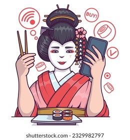 Geisha character show application for delivery of rolls and sushi on devices. Female ready to eat. Concept of online delivery of Asian food. Flat vector illustration in cartoon style