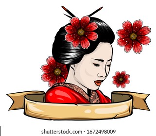 Geisha color tattoo. Symbol of Asia, Japan, China