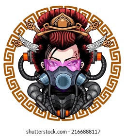 geisha cyborg caricatura de mascota en vector