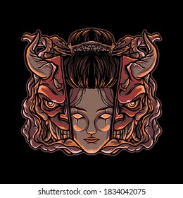 Geisha and devil mask illustration for design mechandise or poster