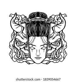 Geisha and devil mask illustration for design mechandise or poster