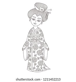 Geisha doodle line asian lady vector black and white character