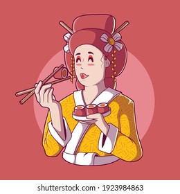 Geisha Eating Sushi vector illustration. Food, tradition, brand design concept