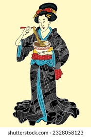 Geisha Enjoying Ramen in Traditional Kimono