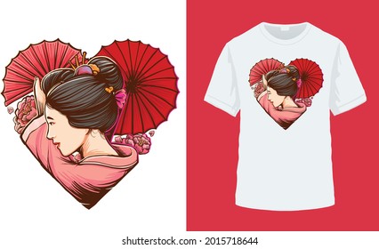 Geisha with entertaining art with love suitable for t-shirt printing