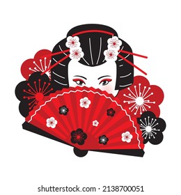 Geisha Face And Fan With Flowers