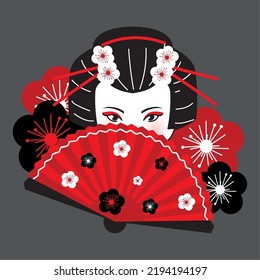 Geisha Face And Hand Fan With Flowers