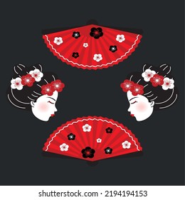 geisha faces and fan with cherry flowers