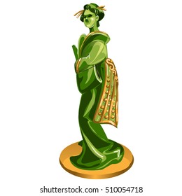 Geisha figurine made of jade isolated on white background. Statuette of nephrite in the Oriental style. Vector illustration.
