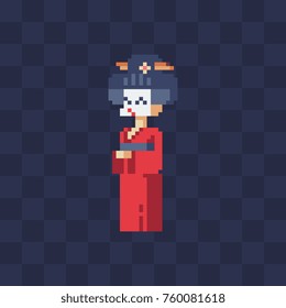 Geisha flat icon. Pixel art character. Girl in kimono. Japan style. Traditional clothes. Sticker design. Video game sprite. Isolated vector illustration.