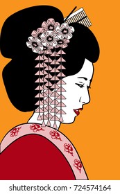 geisha with floral decoration in a hairstyle and a red kimono on an orange background