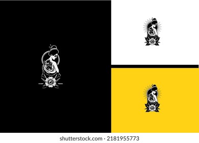 geisha y flores vector diseño en blanco y negro