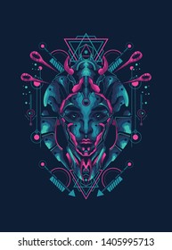 Geisha from the future with sacred geometry pattern