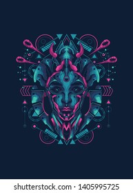 Geisha from the future with sacred geometry pattern
