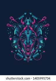 Geisha from the future with sacred geometry pattern